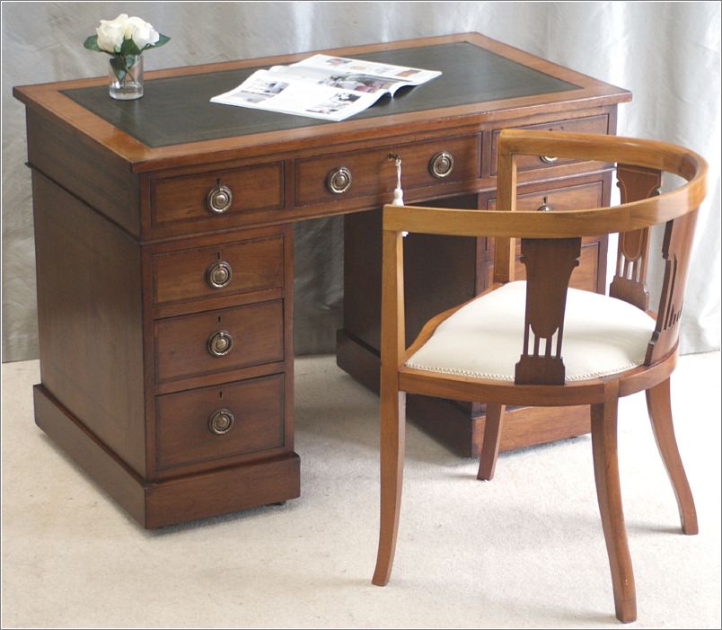 2073 Small Antique Inlaid Pedestal Desk (2) with Chair 9048